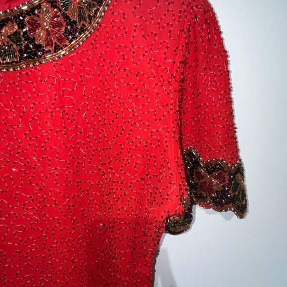Laurence Kazar Women's Red Bow Holiday Rhinestones Beaded Blouse Size Small - Picture 5 of 7